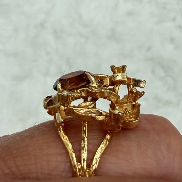 Vintage Floral Smoky Topaz Rhinestone Ring Gold Tone 18K HGE - Picture 6 of 15